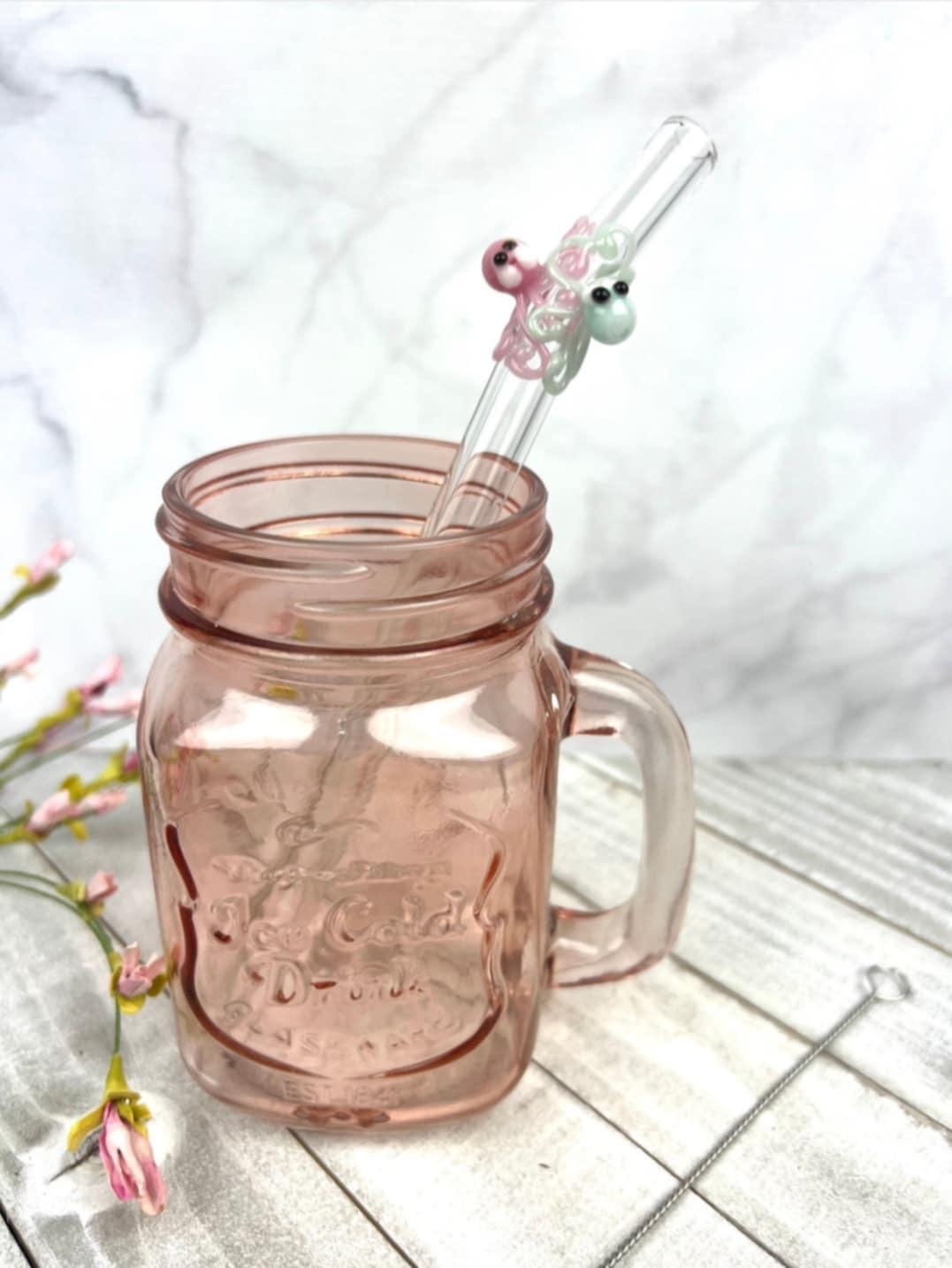 Pastel Double Octopi on Bent Clear Glass Smoothie Straw