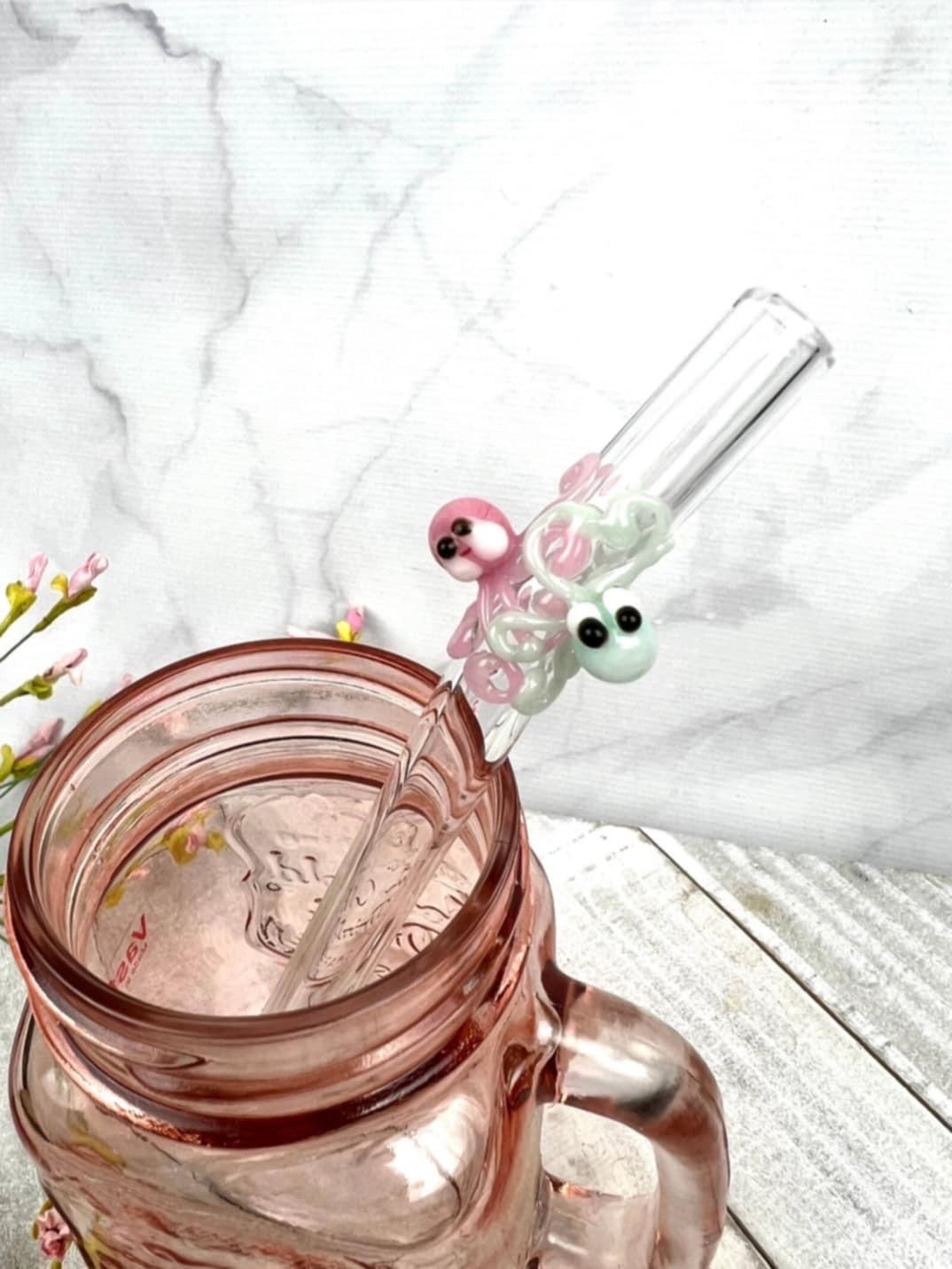 Pastel Double Octopi on Bent Clear Glass Smoothie Straw